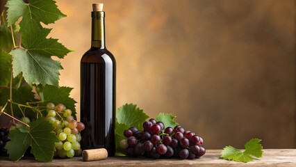 A Dark Green Glass Bottle Of Red Wine With Fresh Green And Red Grapes On A Wooden Table With A Vine And Green Leaves A Textured Brown Background And Natural Lighting