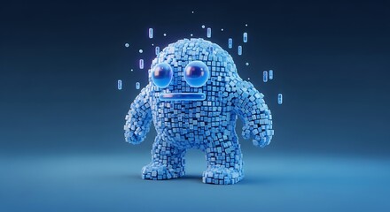 Cute Blue Pixelated Monster Character with Glowing Eyes and Digital Data Particles.