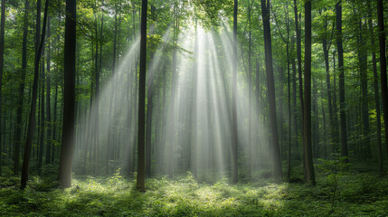 Obraz premium Ethereal light filters through trees in serene forest, creating tranquil atmosphere