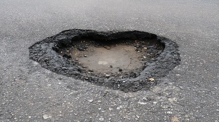 Large Heart-Shaped Pothole on Urban Street Surrounded by Cracked Asphalt and Debris