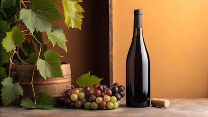 Bottle of red wine with fresh grapes and vine leaves on a rustic table with warm lighting