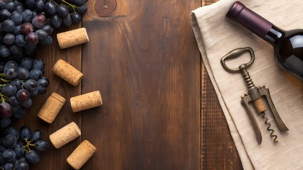 Dark Grapes Wine Bottle Corks and Corkscrew on Rustic Wood Surface