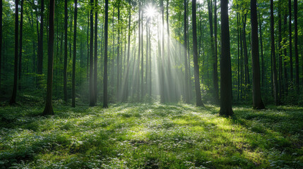 Obraz premium Lush forest with sunlight streaming through trees, creating serene and tranquil atmosphere