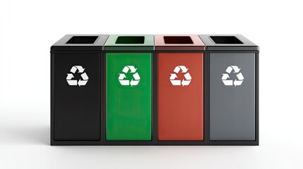 Modern recycling station with four bins for waste separation, featuring eco-friendly symbols and vibrant colors, promoting sustainability and responsibility