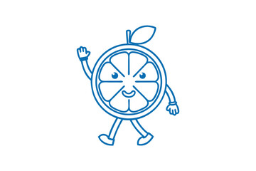Blue lined orange slice character waves hello as it takes a walk