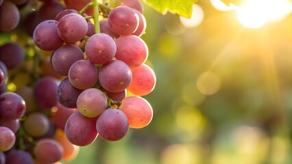 Ripe Red Grapes On The Vine With Dew Drops In Golden Sunlight On A Warm Autumn Day