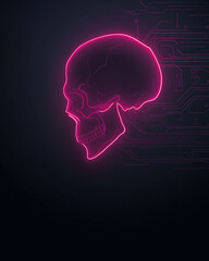 Obraz premium Neon pink skull outline with circuitry pattern on dark midnight background, minimal elegant design