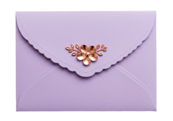 Isolated mauve-colored invitation envelope with decorative flower and scalloped closure edge