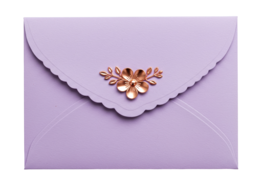 Isolated mauve-colored invitation envelope with decorative flower and scalloped closure edge