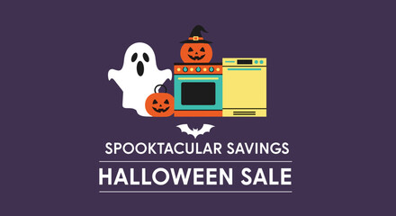 Halloween sale promotion banner with ghost pumpkins and home appliance illustrations