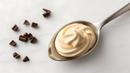 Fototapeta premium A Large Silver Spoon Filled With Swirled Creamy Vanilla Ice Cream Beside Dark Chocolate Shavings On A White Marble Surface