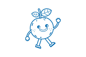 Animated tangerine character is walking and waving with a cheerful smile, displayed in outline