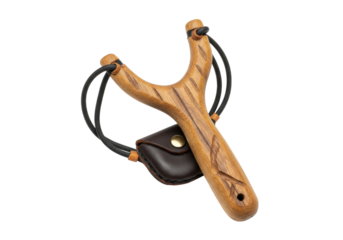 Isolated wooden slingshot with leather pouch on a clean background, ready for design use