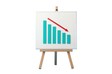 A chart on an easel showing a downward trend isolated on transparent background