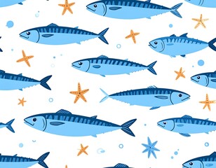 Fototapeta premium A vibrant seamless pattern featuring cartoon-style mackerel fish swimming alongside starfish on a clean white background