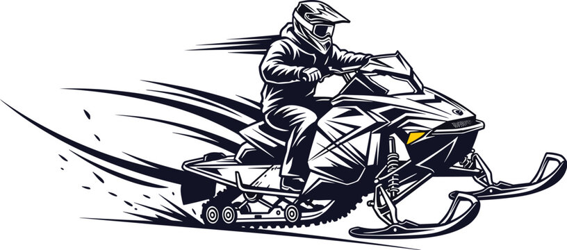 Snowmobile Rider in Action: Winter Sport Adventure on Snowy Terrain, Modern Recreational Vehicle for Extreme Motorsports, Leisure Activity, Vector Illustration for Poster Design, Outing, Adventure, Ho