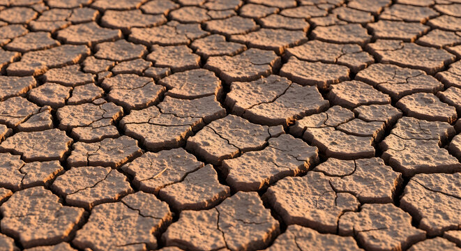 A close up view of cracked dry earth showing the effects of drought and lack of moisture in the soil