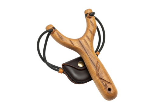 Isolated wooden slingshot with leather pouch on a clean background, ready for design use