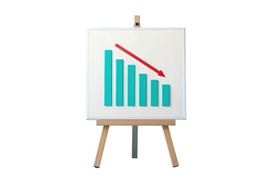 A chart on an easel showing a downward trend isolated on transparent background
