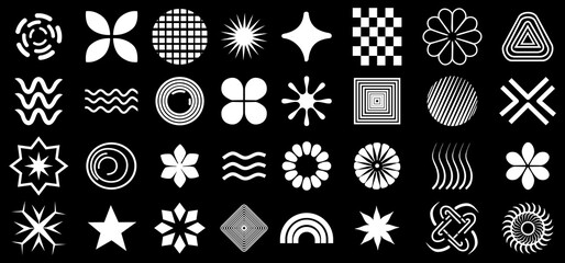 32 white abstract symbols on black background. Includes spirals, waves, stars, flowers, and more. Ideal for logos, branding, UI, patterns, and modern graphic design.