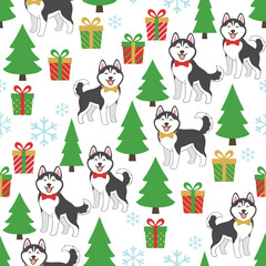 Christmas Dog Pattern Vector. Seamless Christmas Dog Pattern with Trees and Presents. Merry Christmas pets seamless pattern Background.