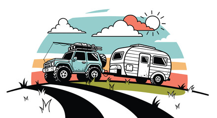 Off-Road Vehicle Pulling Camping Trailer on a Winding Road Under Sunny Skies Illustration for Outdoor Adventure Lifestyle Marketing, Travel, Recreation, Tourism, Exploration, and Sustainable Eco-Frien