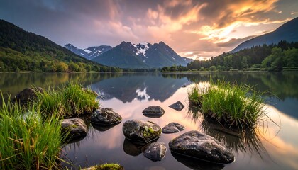 Serene landscape with a calm lake reflecting snow-capped mountains under a colorful sky at sunset. Green foliage and rocks frame the water