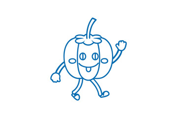 Cheerful blue pumpkin outline waves happily, walking with a playful expression on a white backdrop