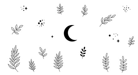 Whimsical hand drawn black ink botanical elements and crescent moon scattered on white background for celestial design
