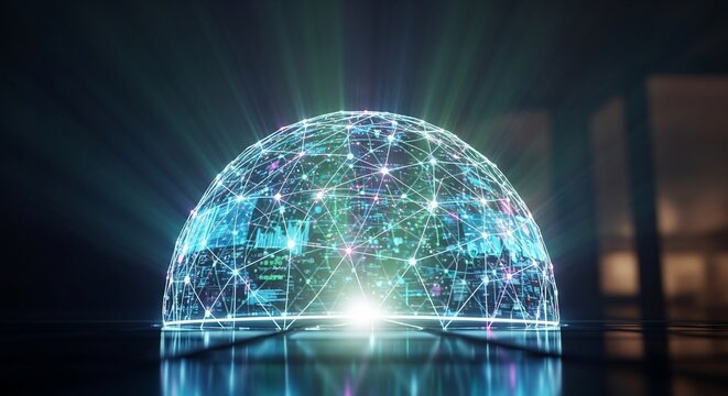 Digital sphere of interconnected data and glowing network.