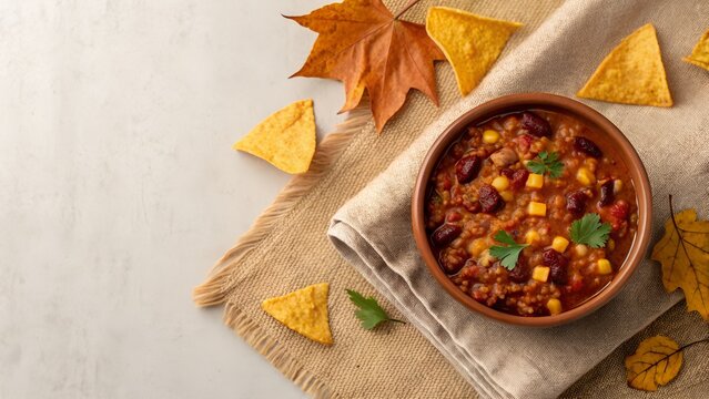 Hearty Bowl Of Chili With Corn And Beans Garnished With Parsley And Tortilla Chips On A Textured Surface With Autumn Leaves
