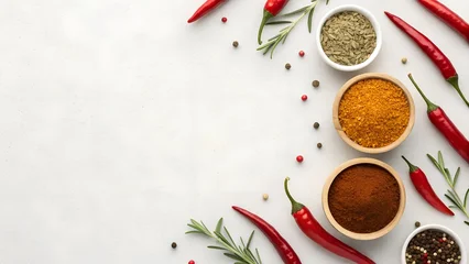 Red Chili Peppers and Various Spices Arranged on a White Surface © MIkrom