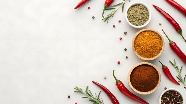 Red Chili Peppers and Various Spices Arranged on a White Surface