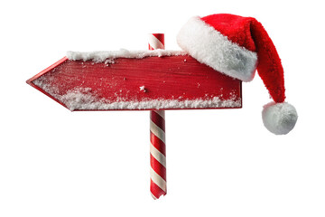 Red wooden arrow sign with snow and santa hat isolated on transparent background