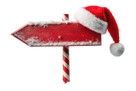 Red wooden arrow sign with snow and santa hat isolated on transparent background