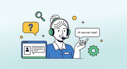 Friendly customer service representative wearing headset assisting with online support and answering questions with chat bubbles and icons