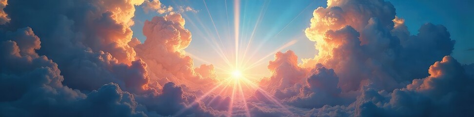 A dramatic, ethereal sky filled with swirling clouds and beams of light, suggesting a divine presence  Perfect for concepts of divinity, spirituality, and the supernatural ,  white,  godly