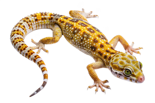 Leopard gecko crawling, isolated on transparent background, a colorful reptile