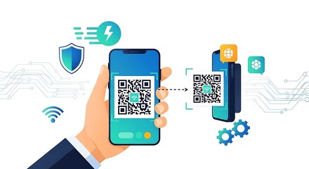 Hand holding smartphone displaying a qr code for digital payment and secure online transactions with technology icons