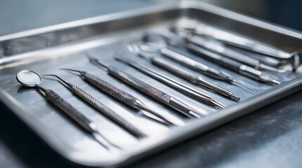 A sterile set of dental instruments arranged on a metal tray ready for professional use in a dental clinic