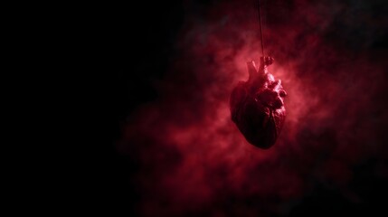 Naklejka premium A dramatic stylized red anatomical heart suspended in dark smoky atmosphere symbolizing emotion life and mystery