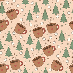 Christmas Tree Pattern Vector. Seamless Christmas Tree Pattern with chocolate mugs and marshmallows. Cozy holiday seamless pattern background.