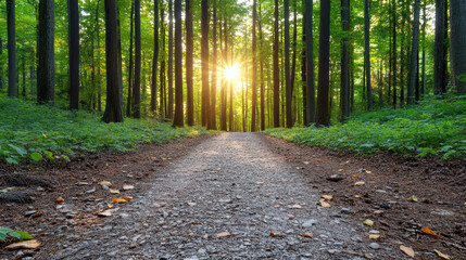 Obraz premium Serene forest path surrounded by tall trees, illuminated by soft sunlight