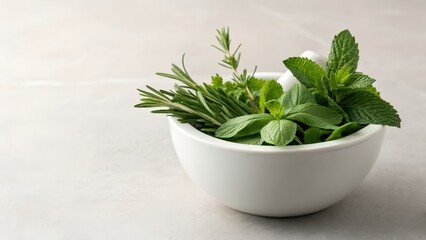 Fresh Herbs In A White Mortar And Pestle On A Textured Light Gray Background