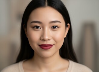 Naklejka premium Confident young woman smiling indoors with natural makeup