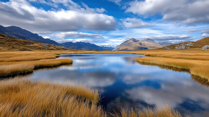 Obraz premium Lush highlands reflect in calm waters under vibrant sky, evoking tranquility and warmth