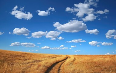 Fototapeta premium Rural path through a field on a sunny day with puffy clouds in blue sky. Ad material