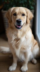 Fototapeta premium Adorable Golden Retriever Dog Sitting Indoors