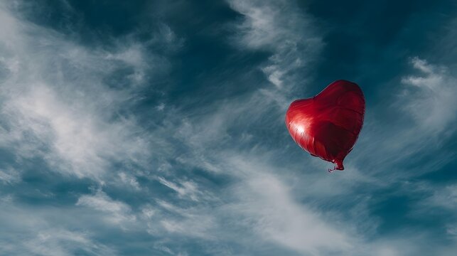A vibrant red heart shaped balloon floats serenely against a dramatic cloudy blue sky - Powered by Adobe