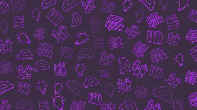 Doodle back to school purple pattern with school related sketches for educational and creative projects. Perfect for school supplies or digital backgrounds.